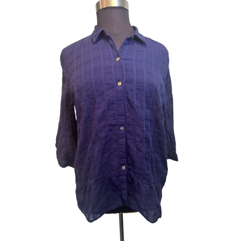 J.Jill Blue Subtle Grid Check 100% Cotton Ruffle Peplum Back Shirt Tunic XL